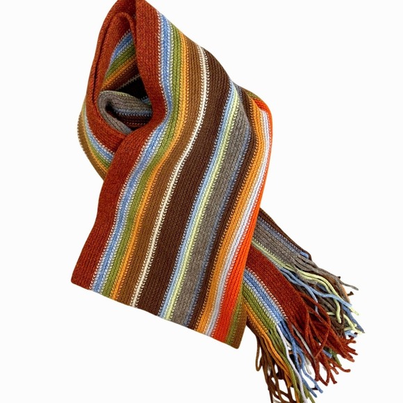 William Brunton Accessories - William Brunton Hand Knits Striped Fringe Lambswool Scarf Scotland Multicolored
